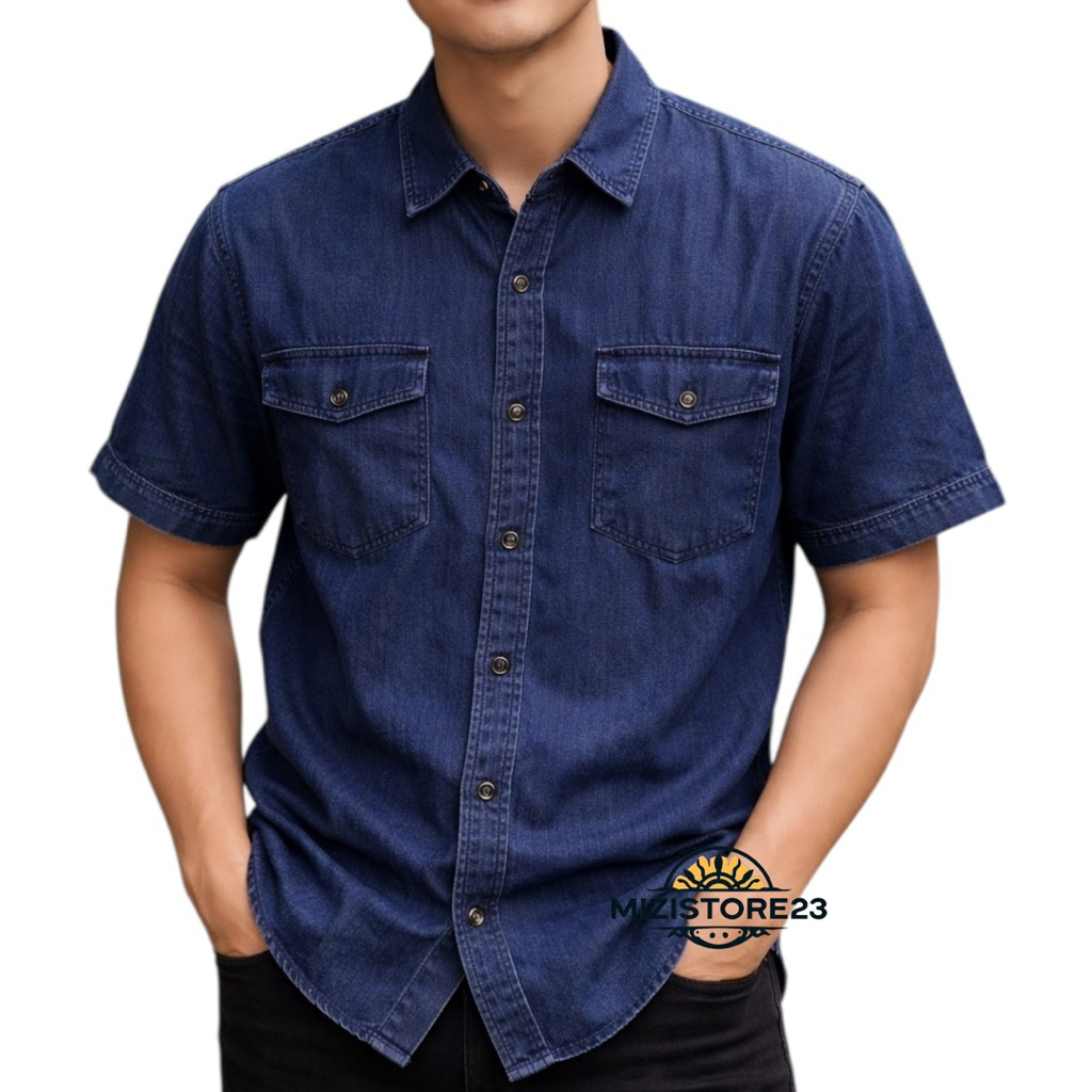 Kemeja Denim Jeans Lengan Pendek Kemeja Pendek jeans Denim Pria
