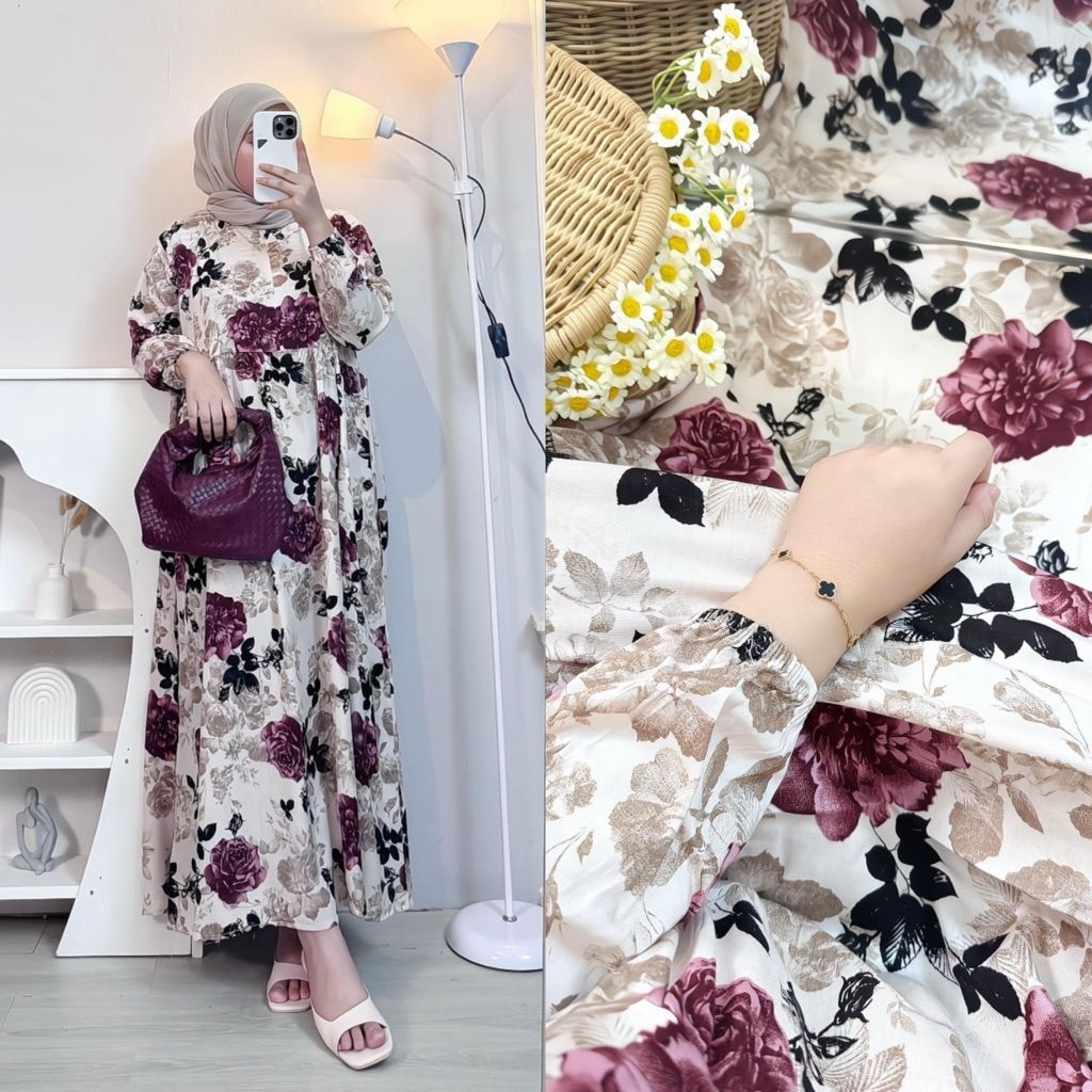 Midi Dres wanita Murah Motif Bunga Midi Dress Rayon premium Busui Frendly Terbaru