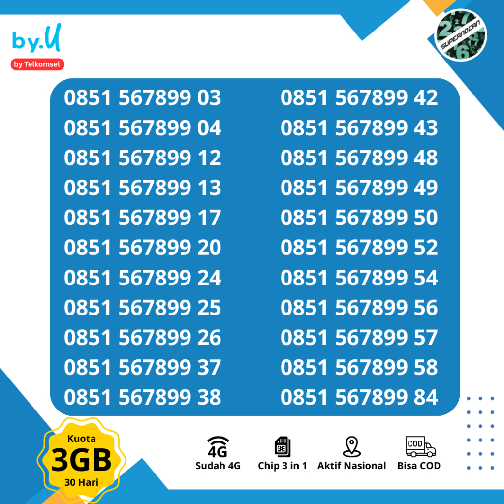 By.U SERI Naik 56789 Rapih- NOMOR CANTIK TELKOMSEL By.U Seri 56789 Rapih BONUS KUOTA 3GB 30 HARI - S