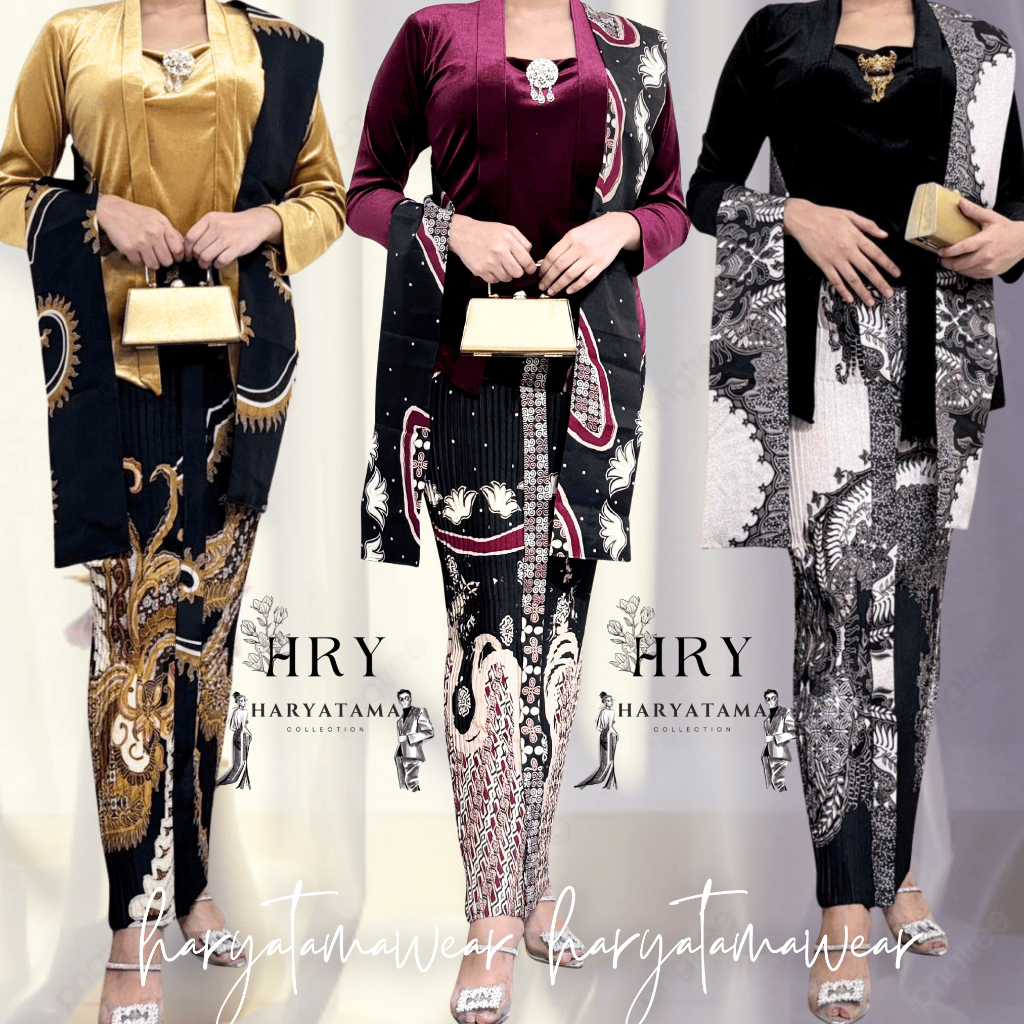 [1 SET] Seri Hitam Rok Plisket Wiru + Selendang, Motif Sama /Jarik Batik Instan