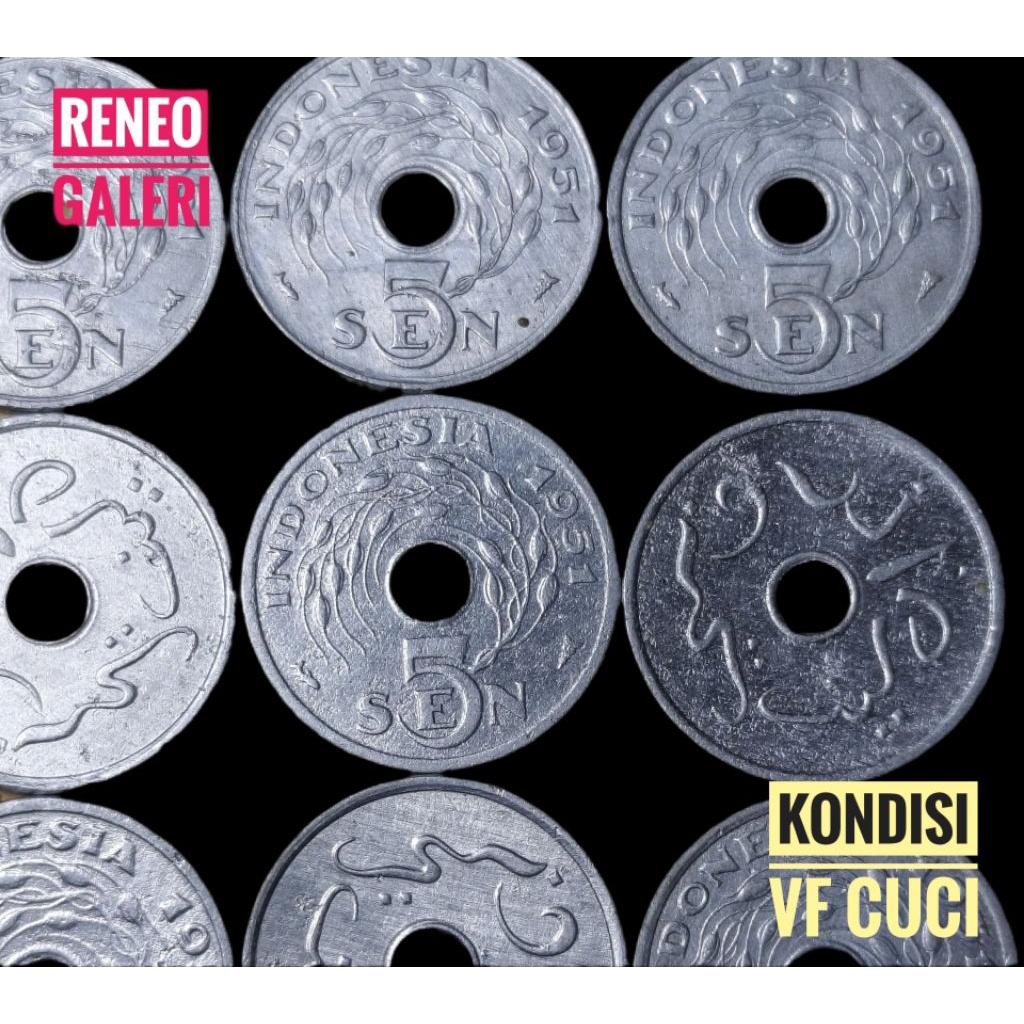 VF cuci koin 5 Sen Bolong Tahun 1951 1954 Uang Kuno logam Indonesia Asli original 0,05 Rupiah
