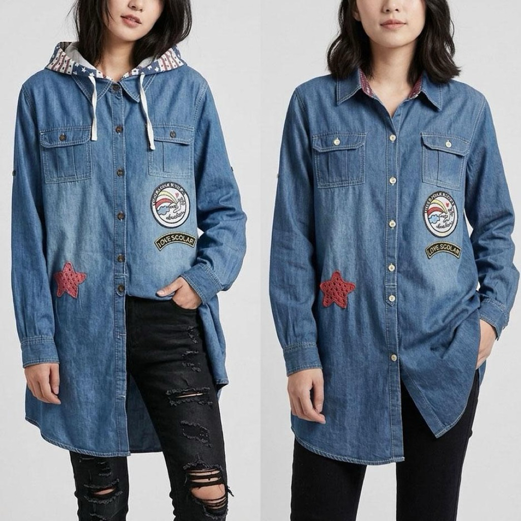 BLUS KEMEJA TUNIK WANITA SOFT JEANS HOODIE KAOS BENDERA PATCHES EMBLEM KOREA IMPORT