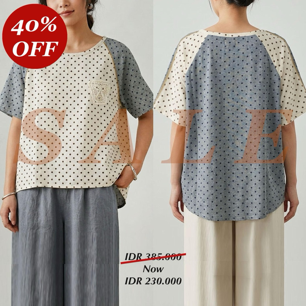 BLUS KATUN LINEN POLKA DOT COKLAT RAGLAN DUOTONE ABU KREM IMPORT
