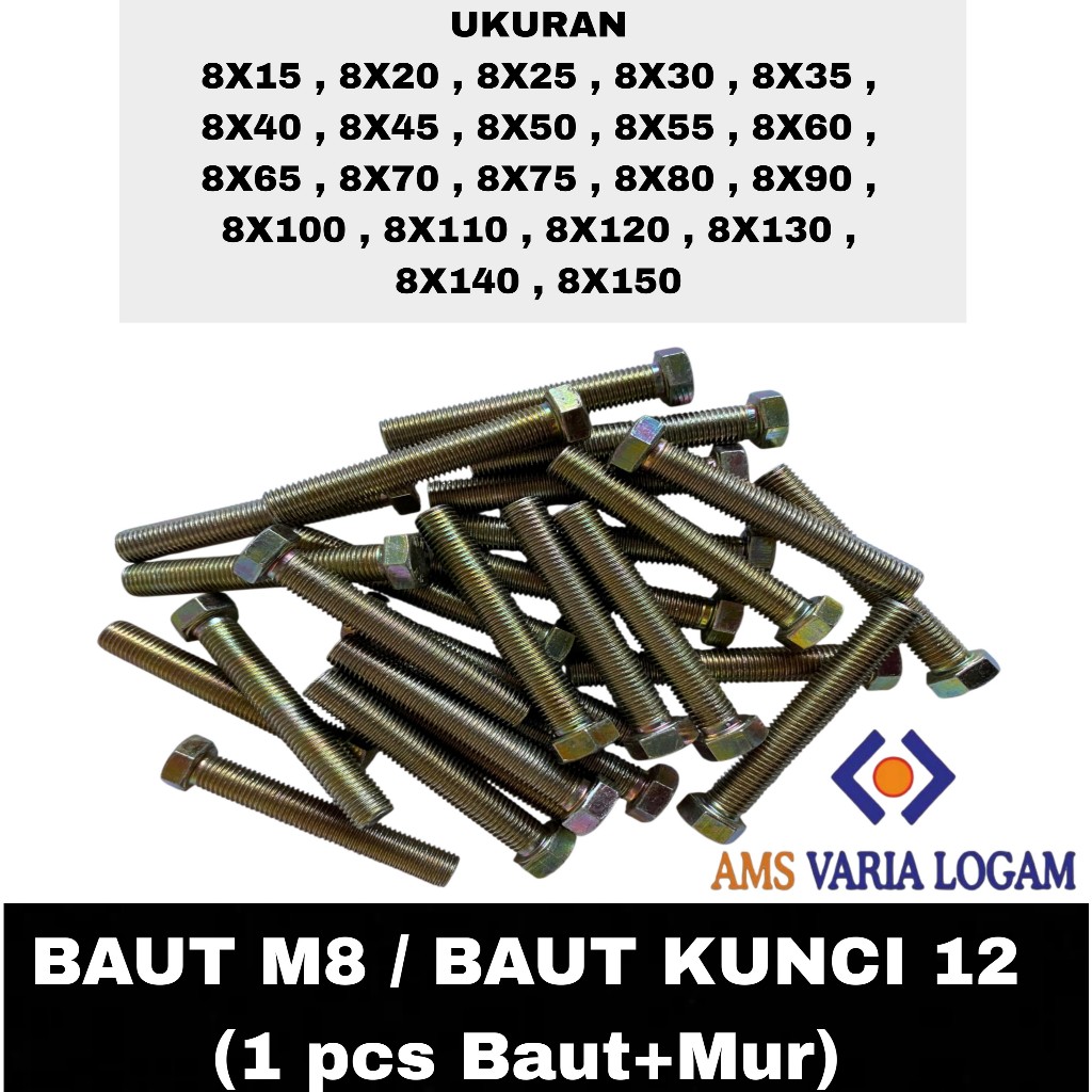 1 PCS Baut Mur M8 Hexagon Kuning (KUNCI 12) / BAUT M6 / Baut mur MURAH / BAUT MUR M8 PANJANG 15 MM S