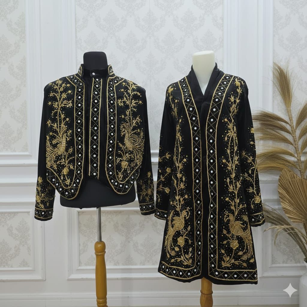 set sepasang kebaya beskap bludru hitam payet gold pengantin pria wanita jawa kutubaru solo payet me