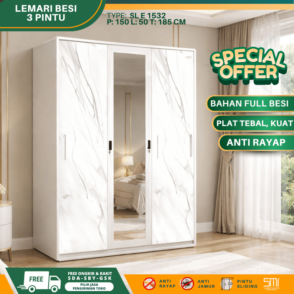Lemari Besi Jumbo 150cm - Lemari Baju 2 Pintu Lemari Pakaian Sliding 3 Pintu Lemari Besi Almari Baju