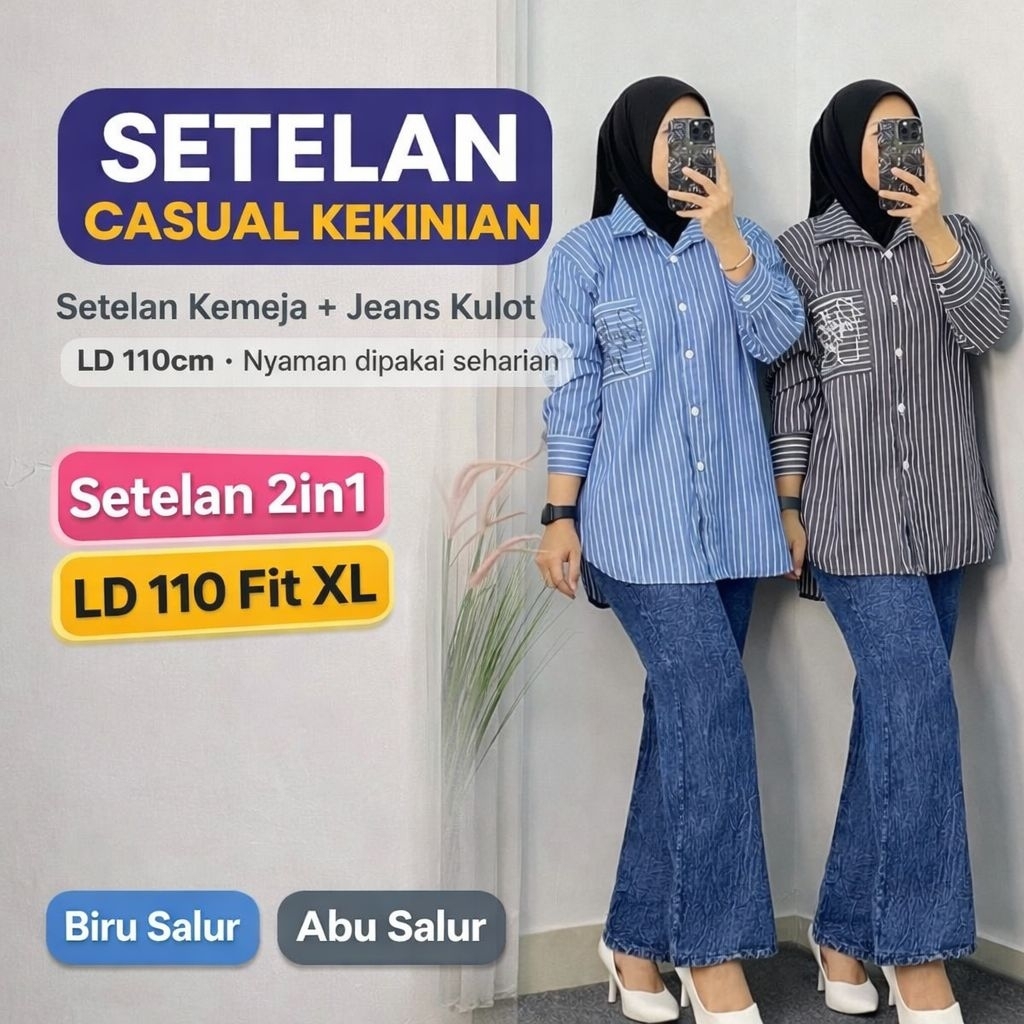 Setelan Wanita Kemeja Stripe Celana Jeans Kulot Panjang 95cm LD 110cm Casual Outfit Wanita Kekinian