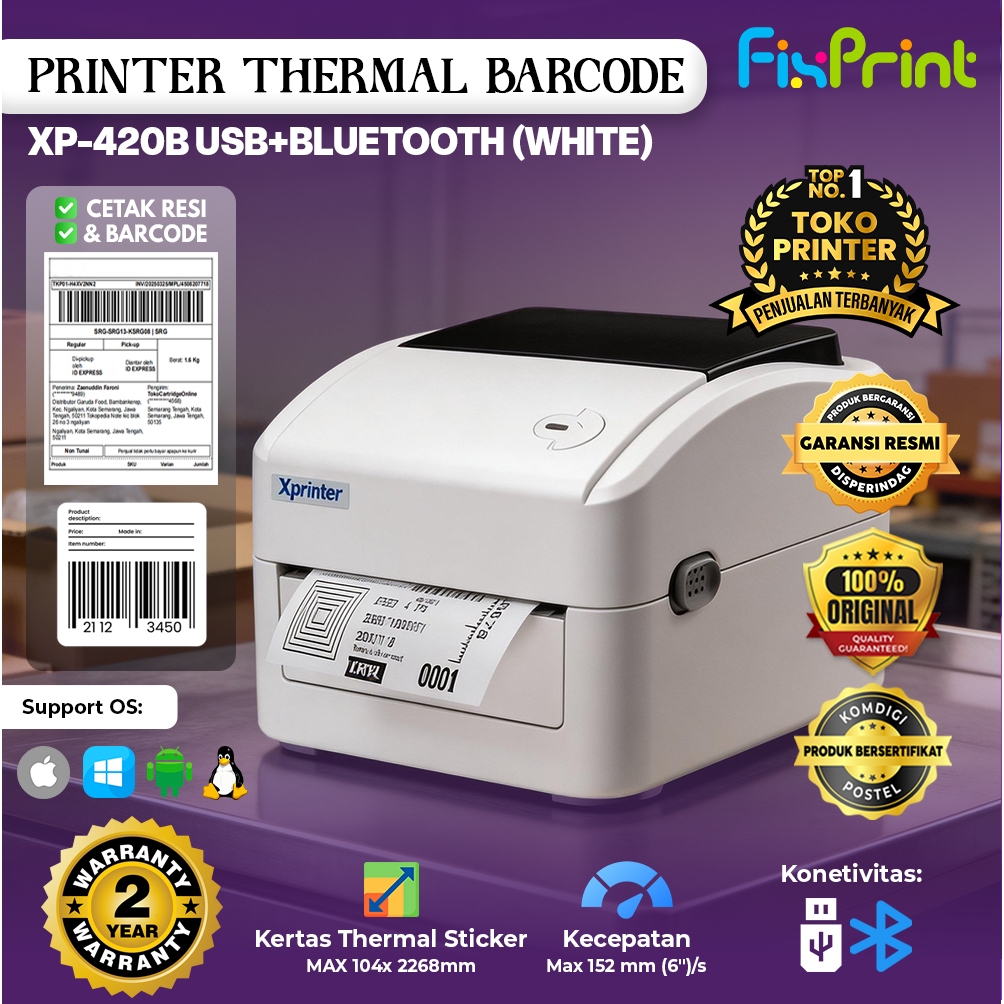 Printer Resi XP420B XP423B Thermal 80mm 100mm Bluetooth MP-80UBX Auto Cutter Struk Print Label Stike