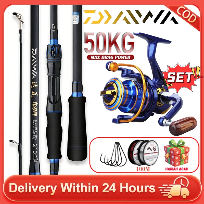 (Pancing Full Set) DAIWA Joran Pancing Full Set 1.65-2.7M Serat Karbon Tahan 50Kg Reel 5.2:1 Lengkap