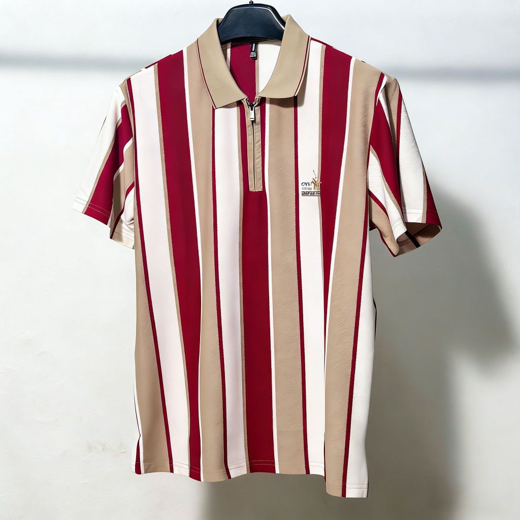 Kemeja Polo Pria Lengan Pendek Motif Garis Vertikal Kerah Resleting Slim Fit Fashion Trendy Modern