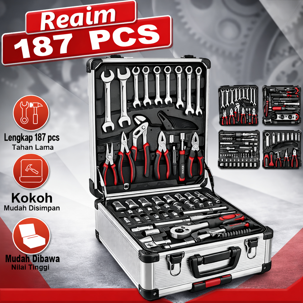 Reaim Tools Kit 187PCS Kunci Set LengkapTool Box Set Lengkap Tool Box Kunci Shock SetAlatMultifungsi