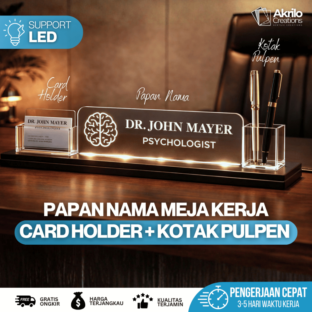Papan Nama Meja Custom LED Akrilik Premium | Tanda Nama Meja Kantor Kerja Elegan Modern dengan Lampu