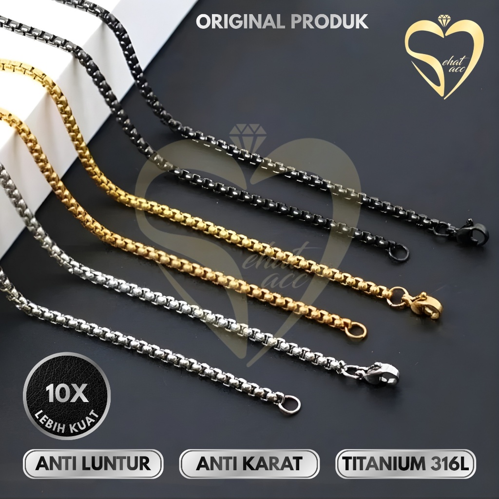 Kalung Rantai MCI Titanium Rolo Anti Karat Anti Luntur Silver Gold Hitam Pria Wanita Kesehatan Emas