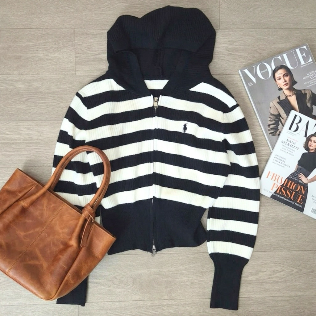 Cardigan Hoodie Wanita Rajut Stripe Hitam Putih Premium Zipper Korean Style