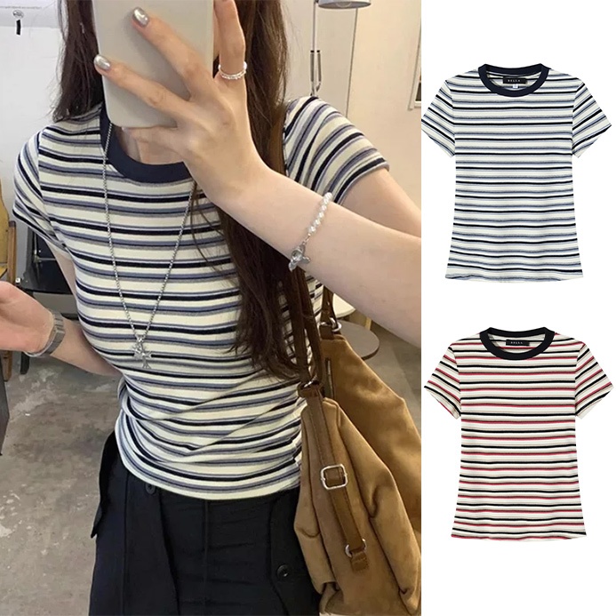 Kaos lengan pendek bergaris merah model Korea untuk wanita, kemeja ketat melar