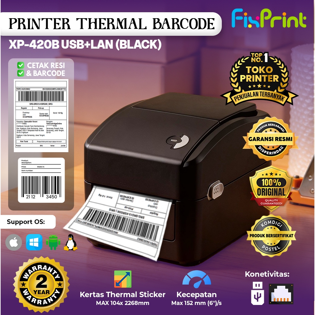 Printer Resi Thermal Xprinter XP-420B XP-423B BT-112 USB + Bluetooth Cetak Label Marketplace Online 