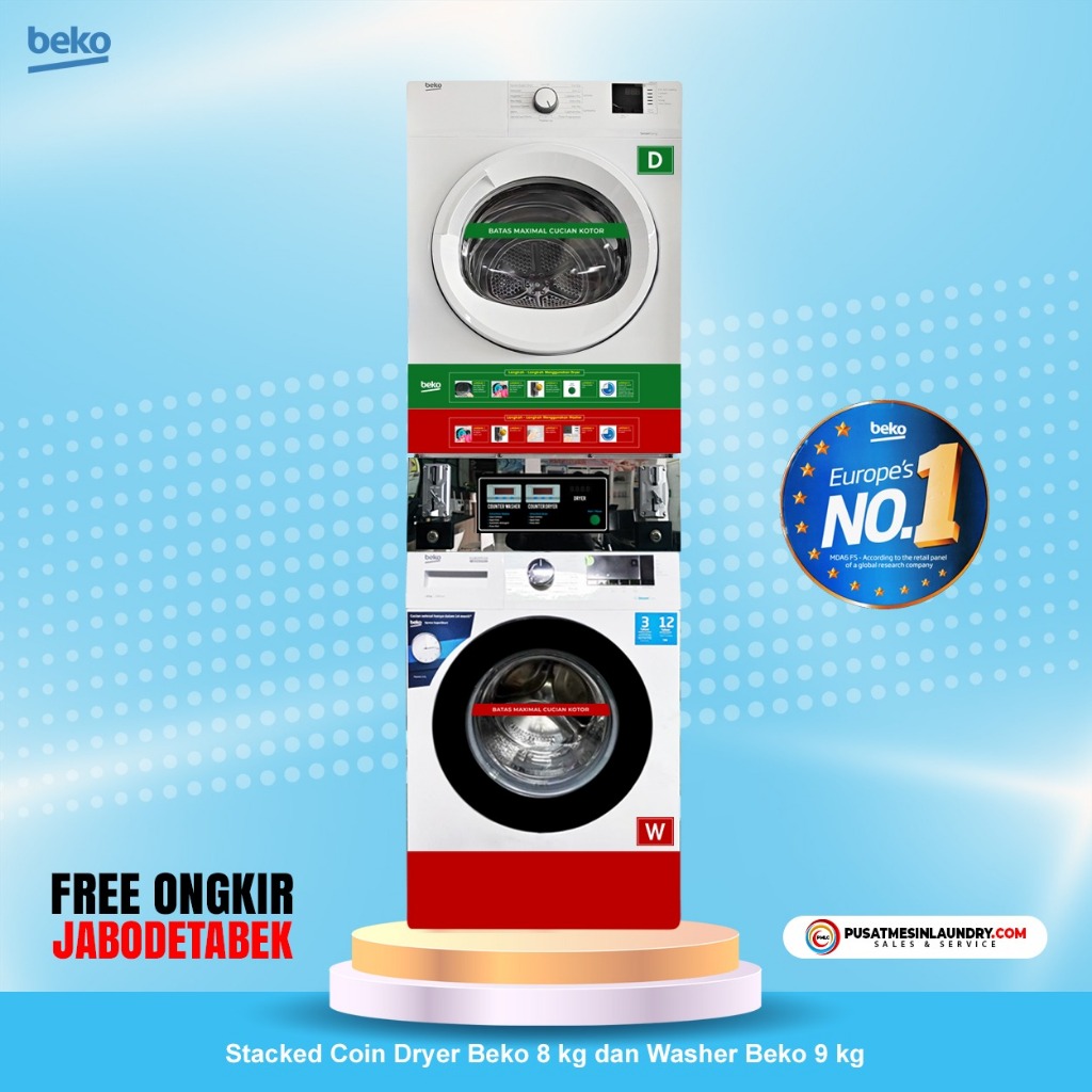 Beko Set Stack Coin Mesin Cuci 9kg 1200RPM & Mesin Pengering 8kg Konversi Gas BB9