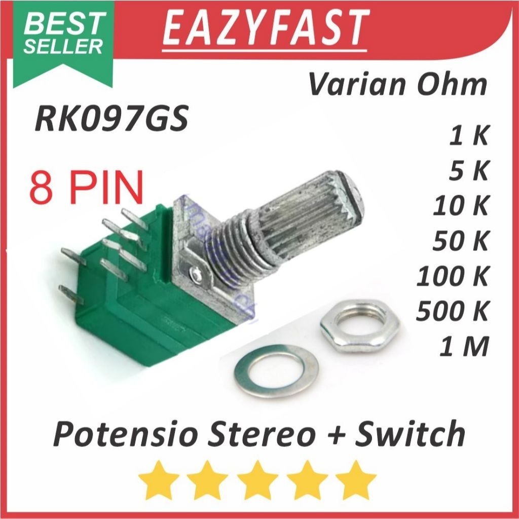 Potensiometer Audio Sealed Hijau Stereo Saklar 8P 8 P Pin Kaki 1K 5K 10K 50K 100K 500K 1M 1 5 10 50 