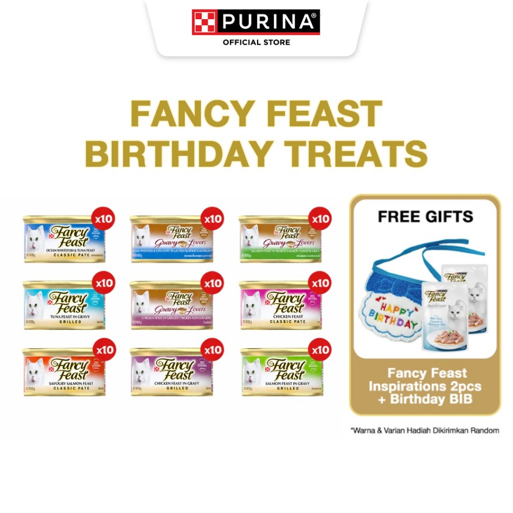[BIRTHDAY TREATS] FANCY FEAST Adult 85gr x10pcs Free Fancy Feast Inspirations 2pcs + Birthday BIB