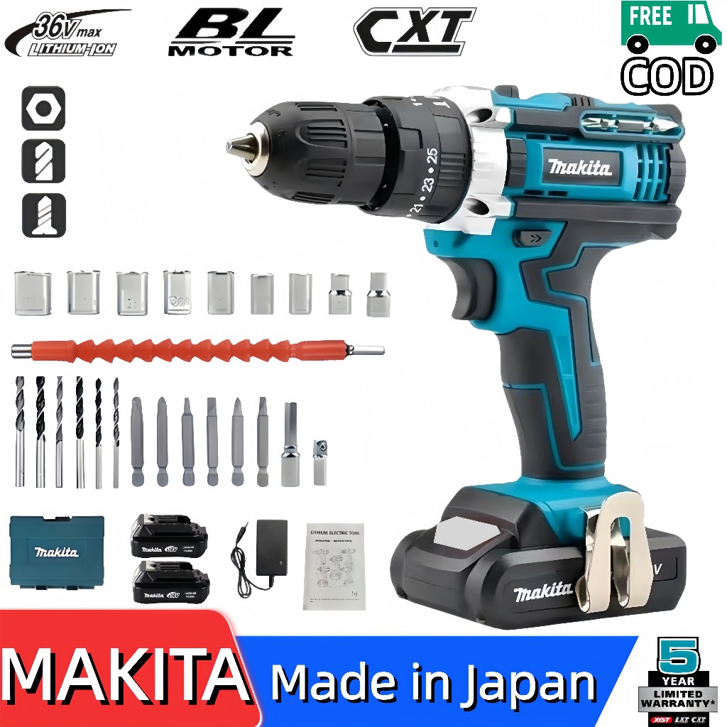 Garansi 5 tahun, MAKITA HP333, bor impak baterai lithium 36V dengan level dan obeng terintegrasi, bo