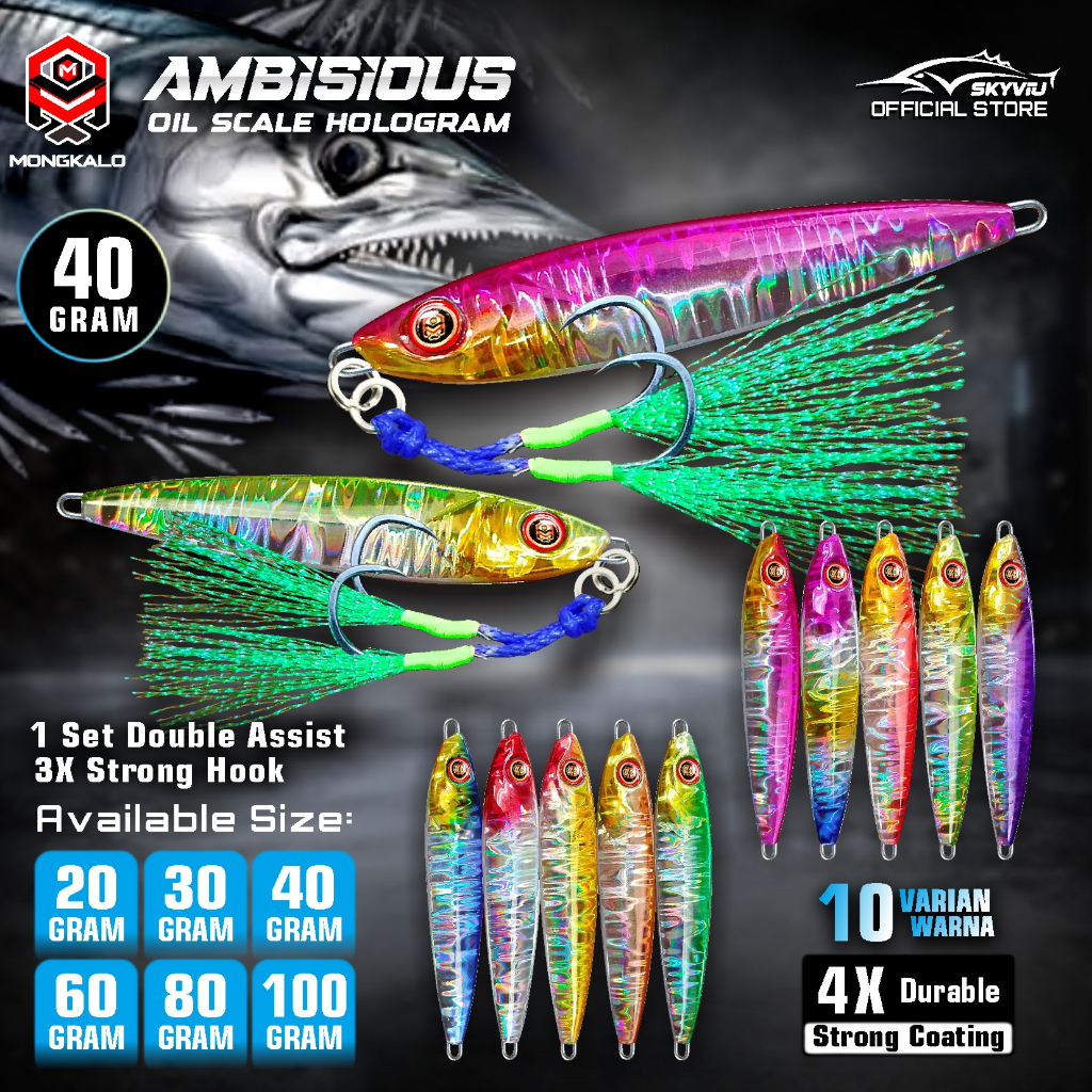 Metal Jig 40 Gram Mongkalo AMBISIOUS Minyak 1 Set Double Assist Hook 40grm Upan Jigging Laut 40 g Mu