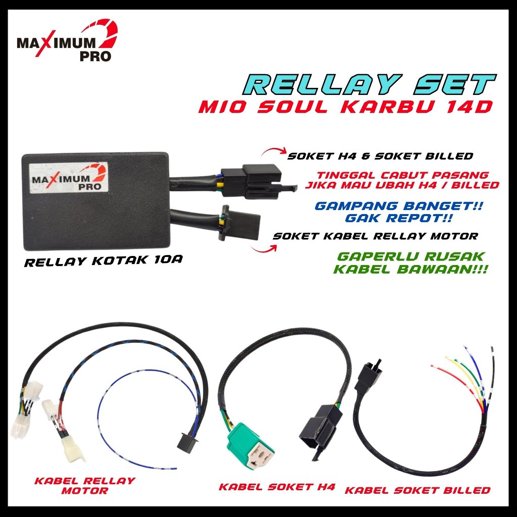PREMIUM KABEL RELAY LAMPU SET MIO SOUL KARBU 14D 80A HID SOKET BILED LED H4 MOTOR SOCKET RELLAY LAMP