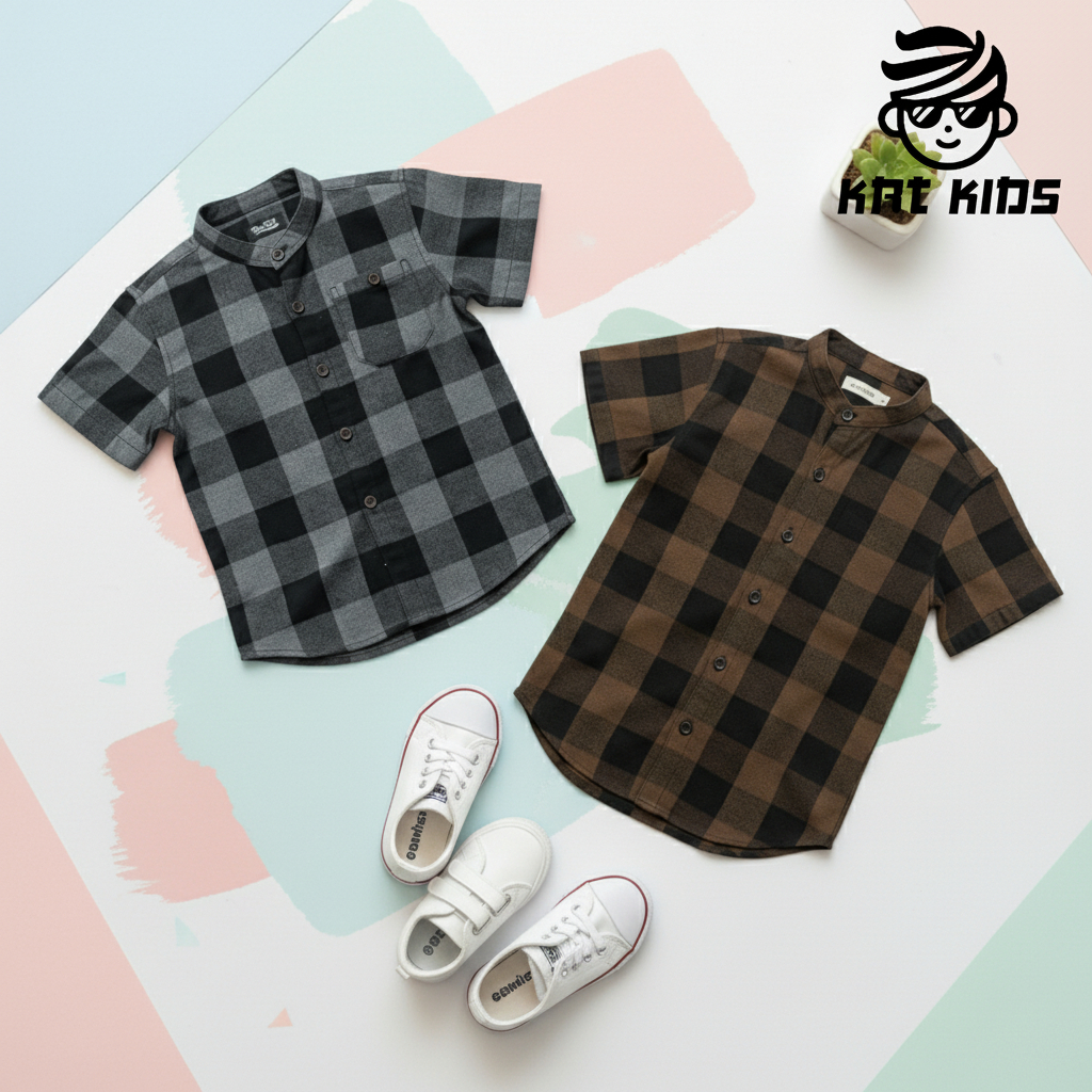 Kemeja Anak Laki-Laki Lengan Pendek Bahan Flanel Import Kerah Sanghai
