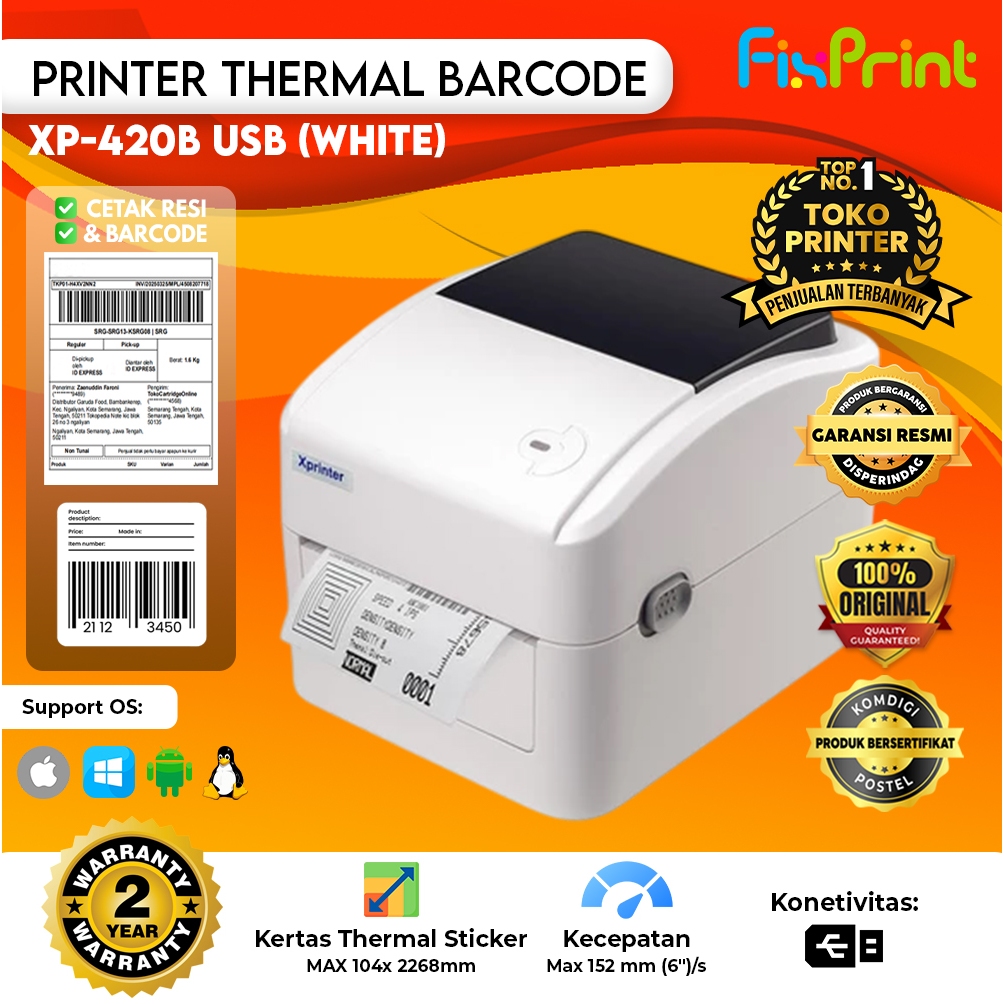 Printer Resi Barcode Label Thermal USB - Xprinter XP420 / XP-420B / XP420B - XP-420B, USB ONLY