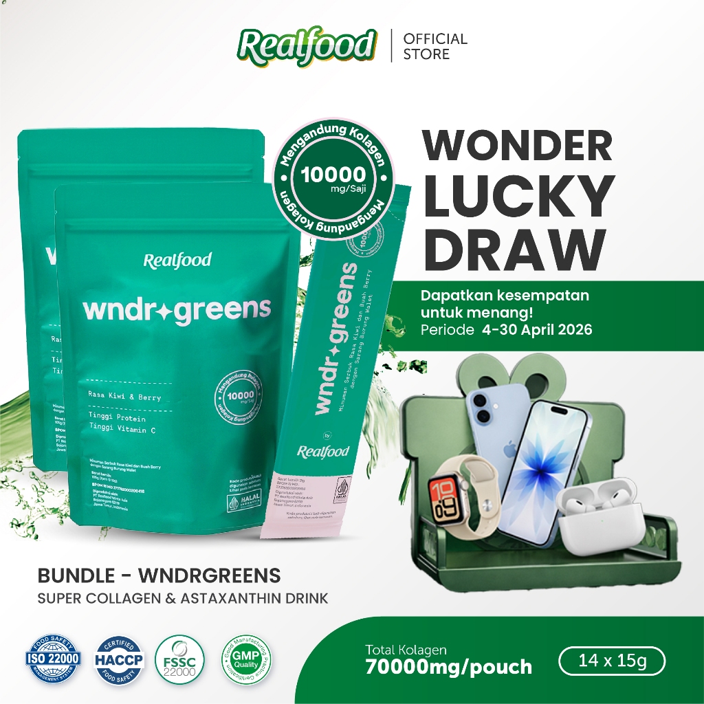 Realfood WNDR Greens Double Pouch | Super Green Super Collagen Drink | Collagen 10000mg | Bird's Nes