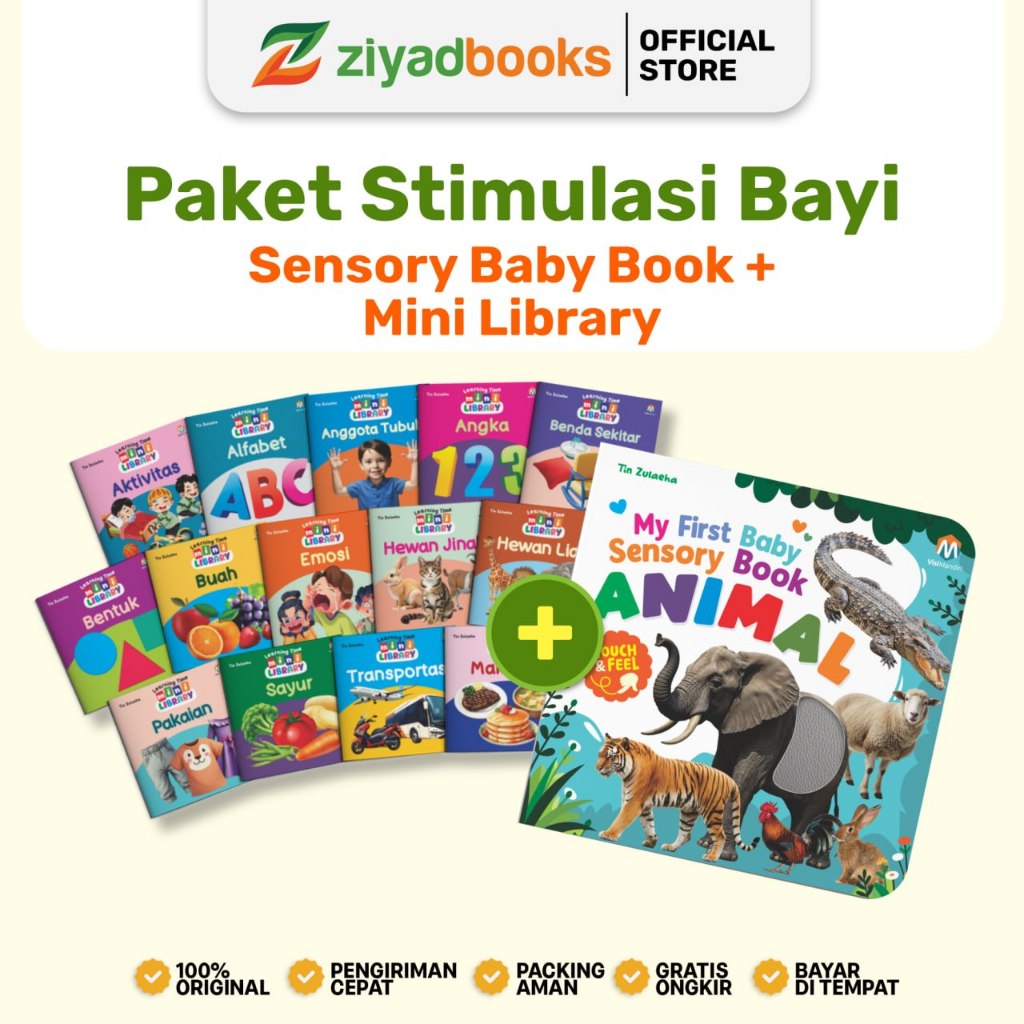 Paket Stimulasi Bayi 0+ 1+ (Sensory Book Animal + Mini Library) - Paket Bundling New Born Pengenalan