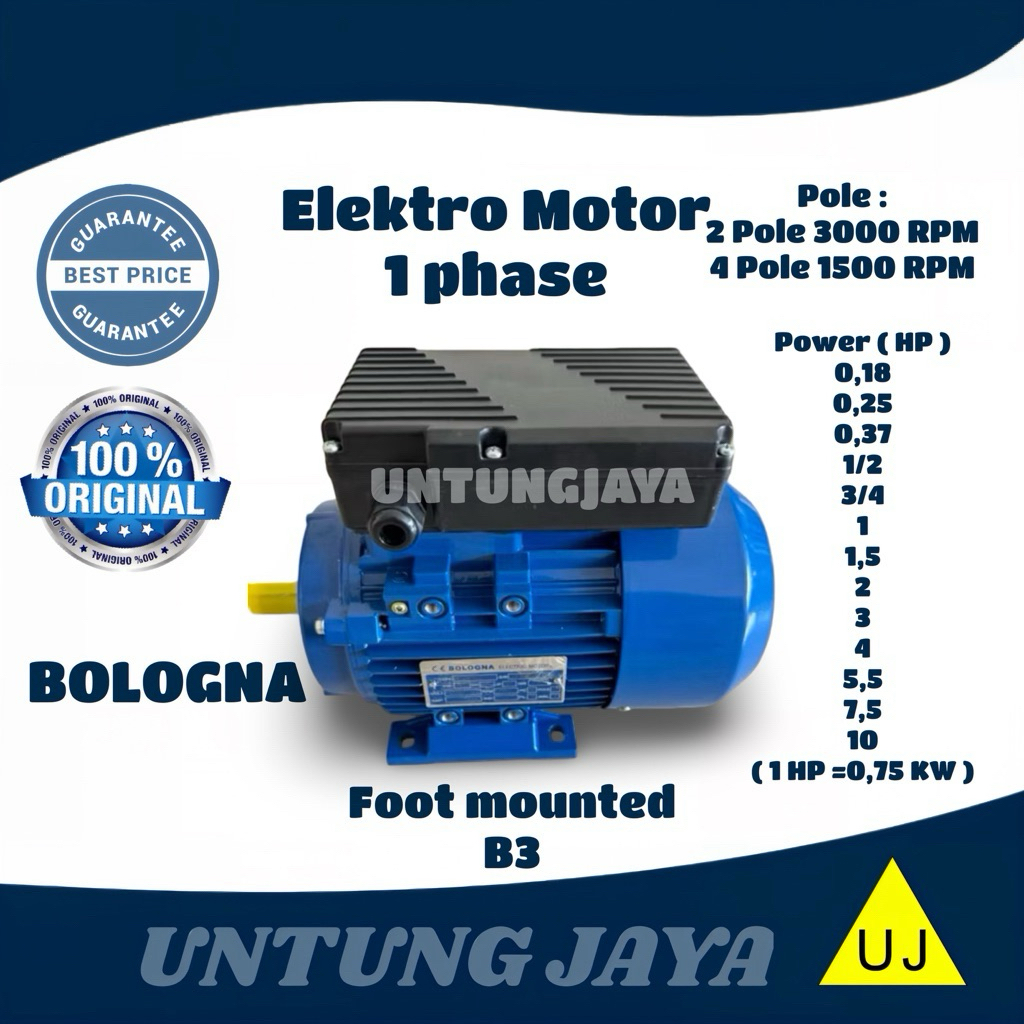 DINAMO ELEKTRO MOTOR BOLOGNA 1 PHASE 3 HP 2,2 KW 4 POLE 1500 RPM // ELECTRO MOTOR BOLOGNA 1PHASE 3HP