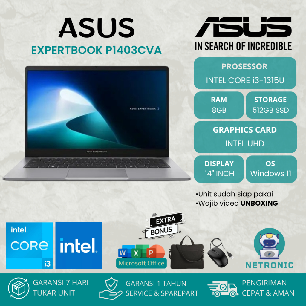 ASUS EXPERTBOOK P1403CVA INTEL CORE i3-1315U RAM 8GB SSD 512GB 14" INCH FHD