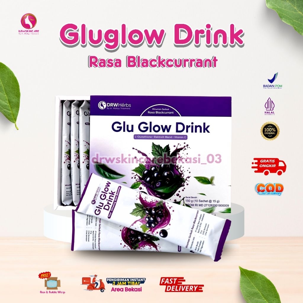 Glu Glow Drink Blackcurrant Drw Skincare Minuman Elektrolit dengan Glutathione Anti Oksidan kuat Mem