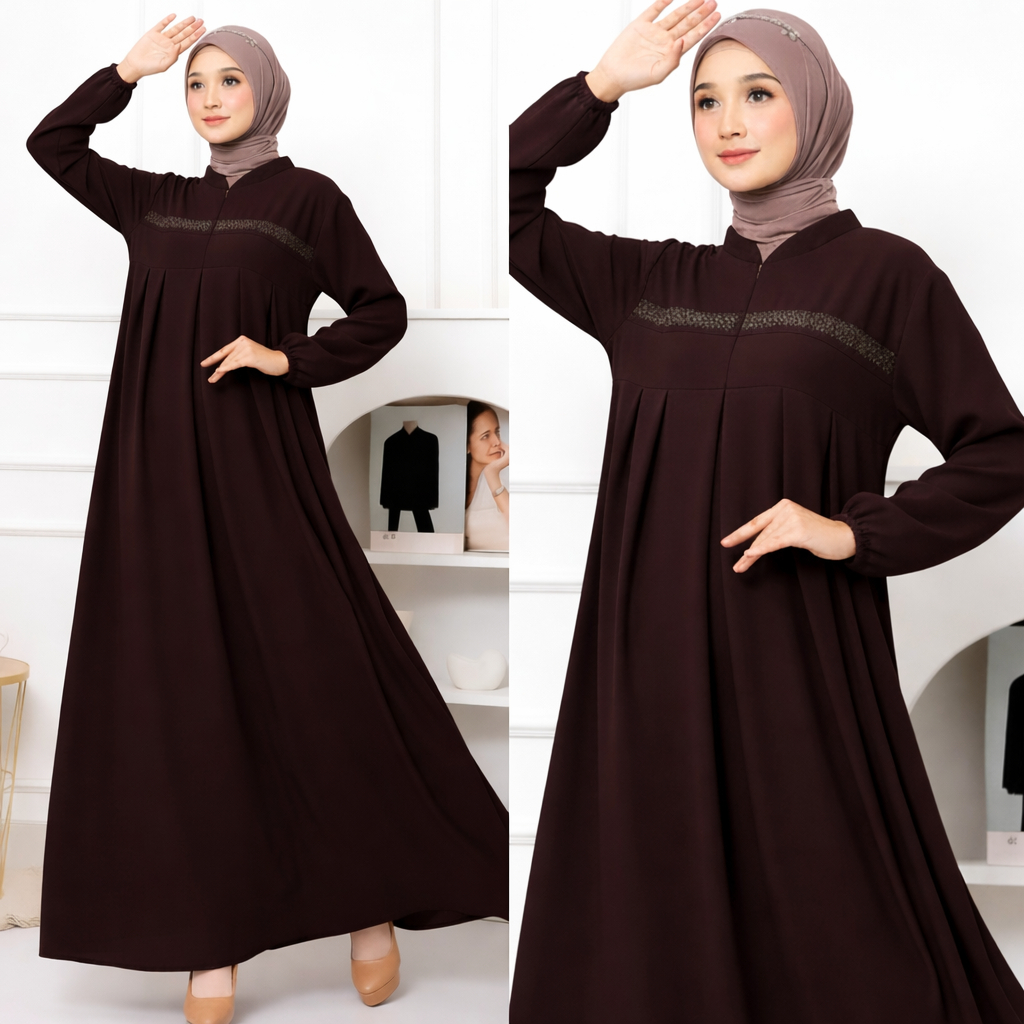 Turun Harga Gamis Mahogany 2025 Swarovski Mewah / Gamis Ibu Ibu Terbaru Mewah Elegan Lebaran 2026