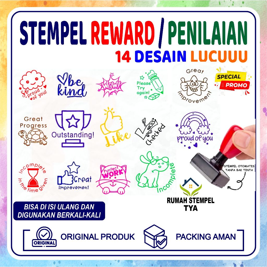 Stempel Rewards Teacher Stamp Penilaian Guru Anak LUCU TK SD Paud Stempel Flash Siap Pakai