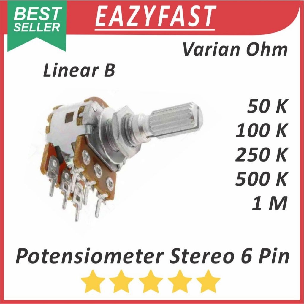 Potensiometer 6P 6 P Pin Kaki Stereo B Linear 50K 100K 250K 500K 1M Potensio Potentio Meter Potentio