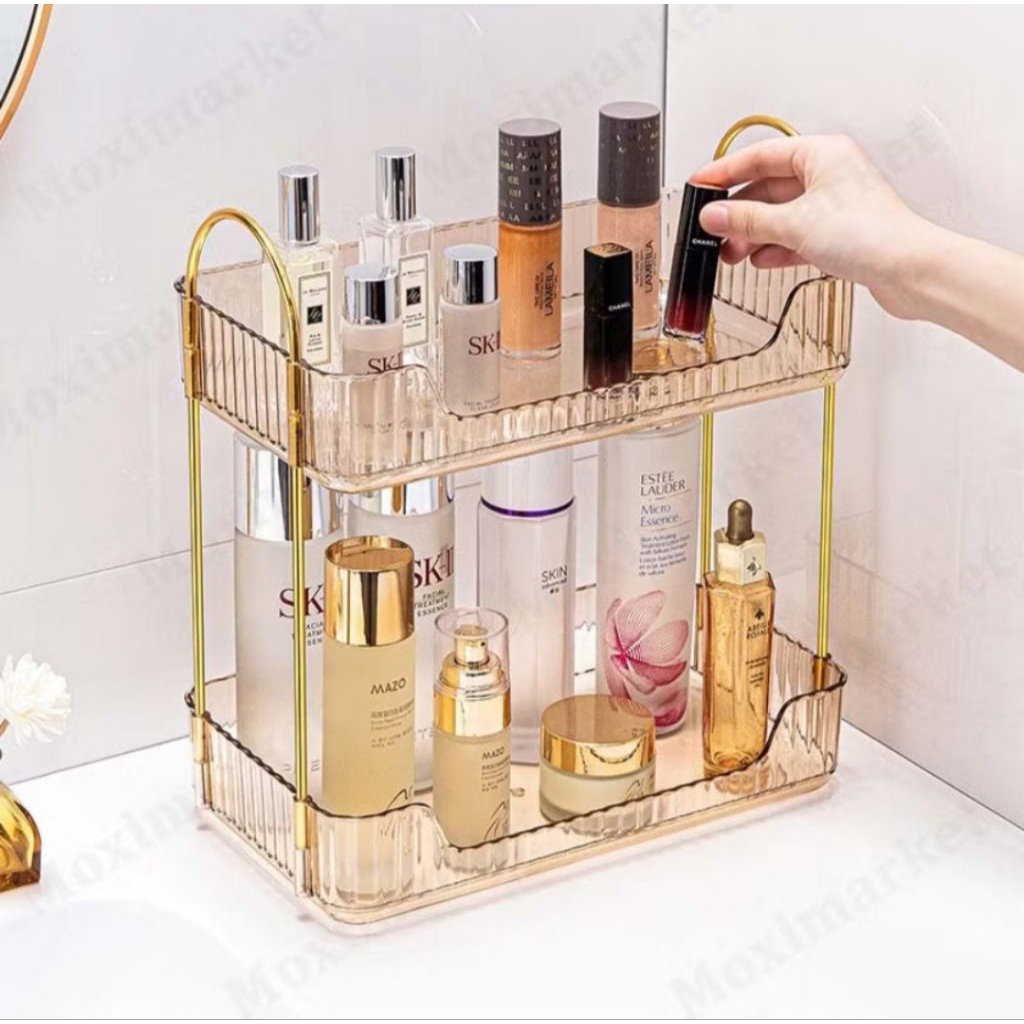 Rak akrilik 2 susun rak tempat aqua gelas rak susun kue lebaran rak kosmetik putar akrilik rak kosme
