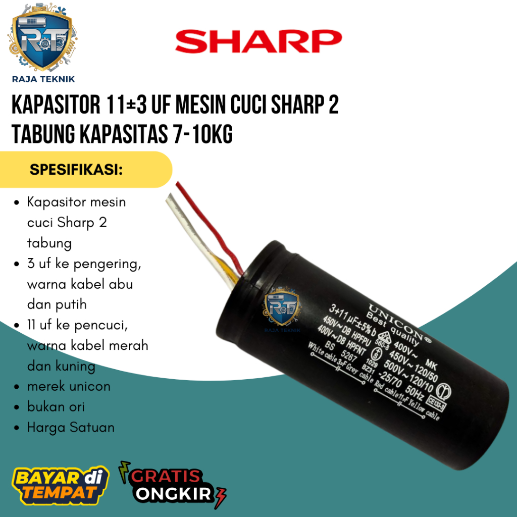 Kapasitor 11+3uf Mesin Cuci Sharp 2 Tabung 7-10Kg