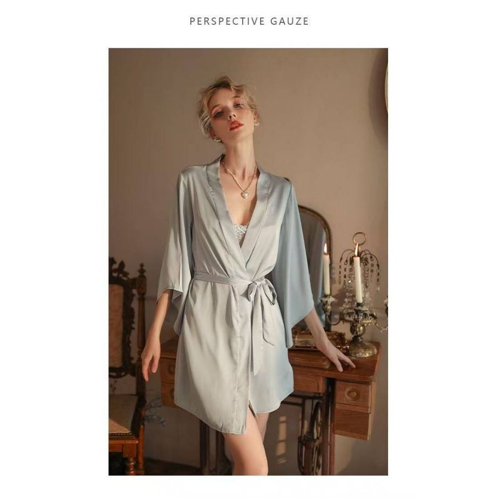 Baju Tidur Wanita Lingerie Kimono Ikat All Size Bathrobe Sutra Ungu