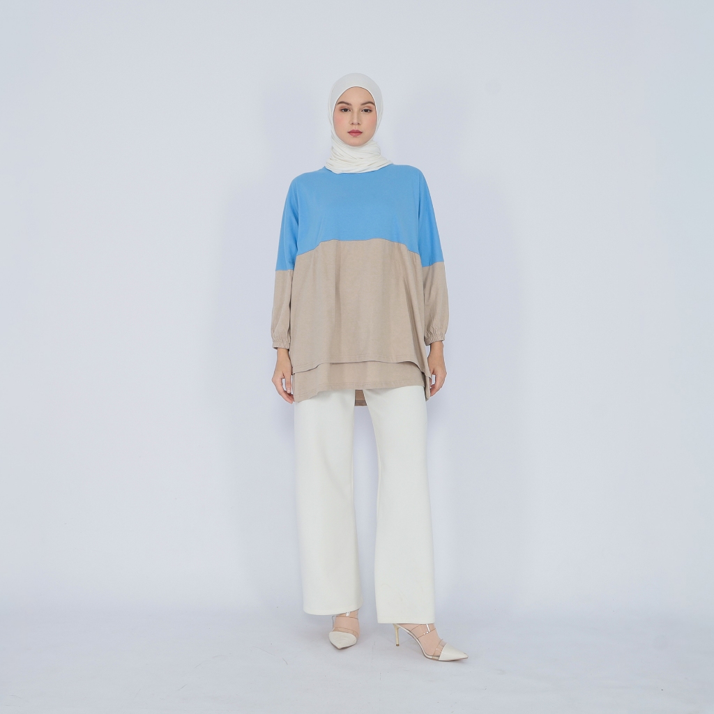 Kaos Atasan Top Blouse Wanita Kombinasi 2 Warna Bahan Katun Polos