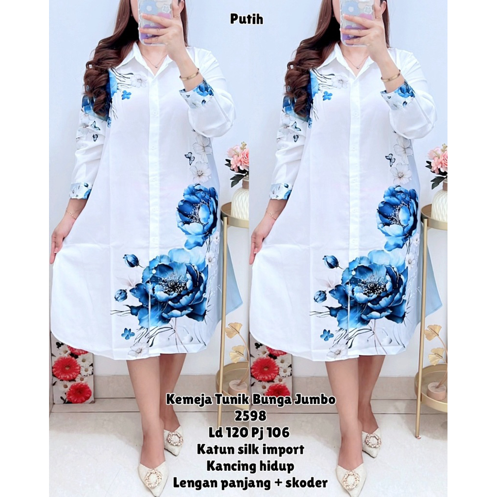 Kemeja Tunik Bunga Jumbo LD120 - Katun Silk Wanita - Tunik Silk Bunga Bigsize 2598