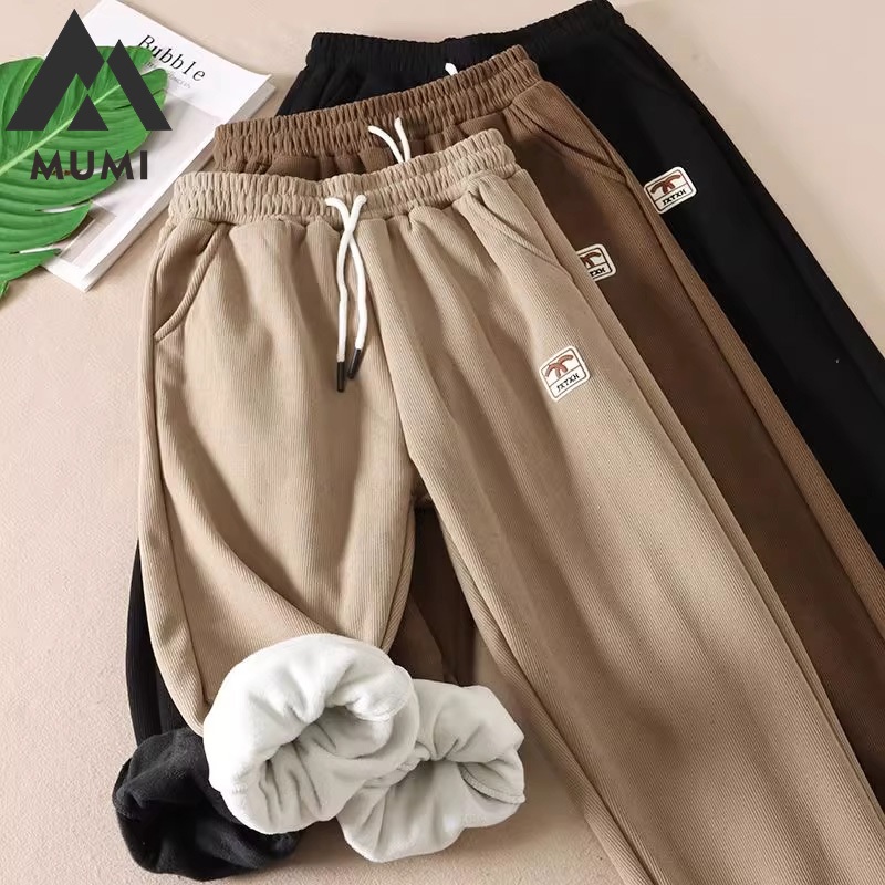 MUMI Celana Panjang Wanita Corduroy Fleece Tebal Hangat High Waist Jogger Wanita Musim Dingin Celana