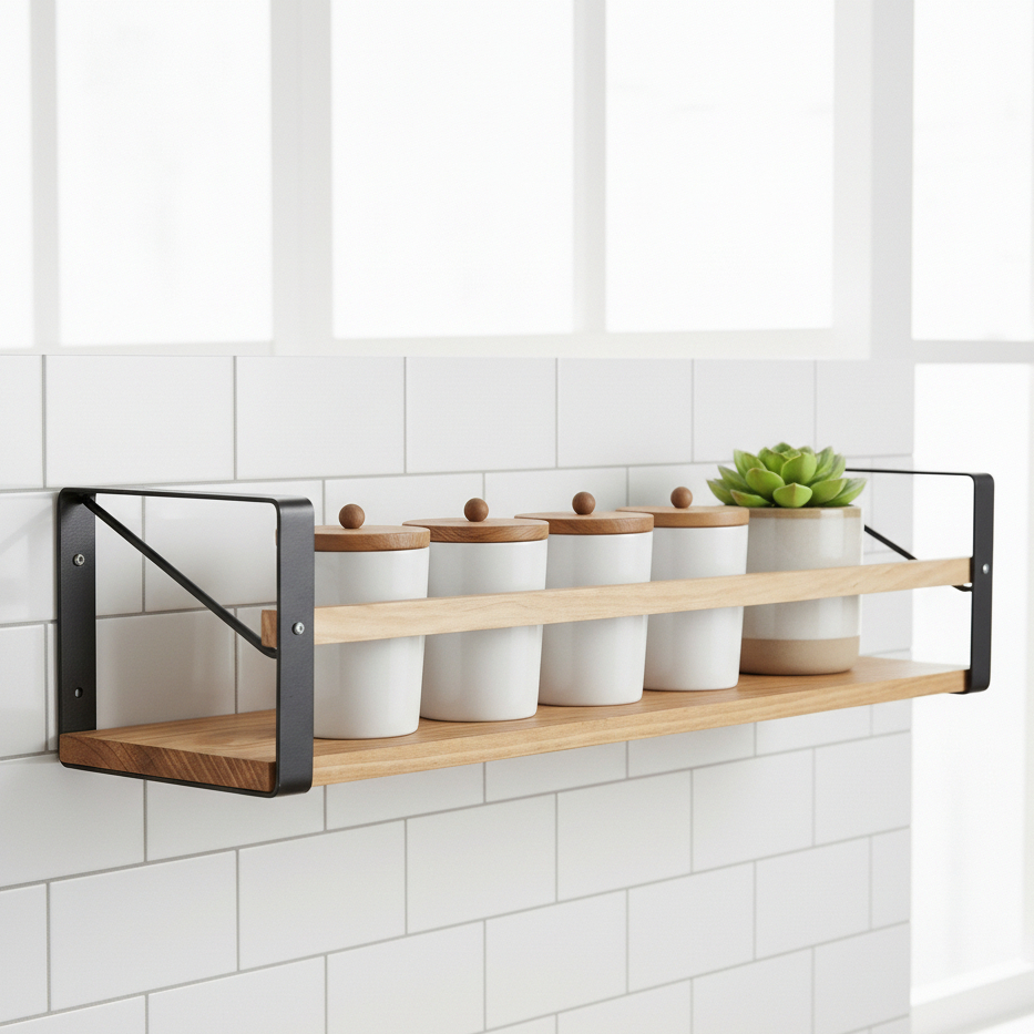 Rak Ambalan Dinding Kayu Solid Besi Hollow Industrial Vintage - Rak Buku & Pajangan Minimalis