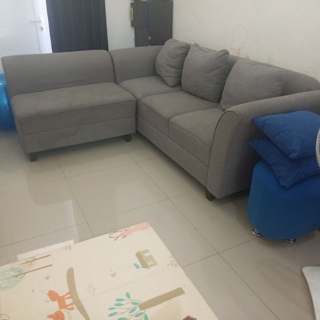 SOFA SET L PRELOVED BAHAN KANVAS GREY 3 SEATER DAN 2 SEATER (pengiriman sekitar Depok saja)
