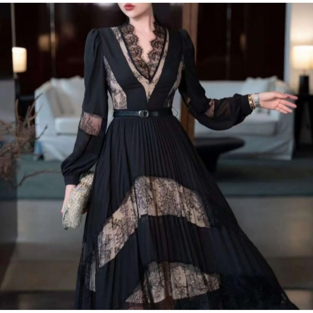 Dress Pesta DR2933/HT Envy Striped Lace Long Sleeve Hi Lo Dress + Belt