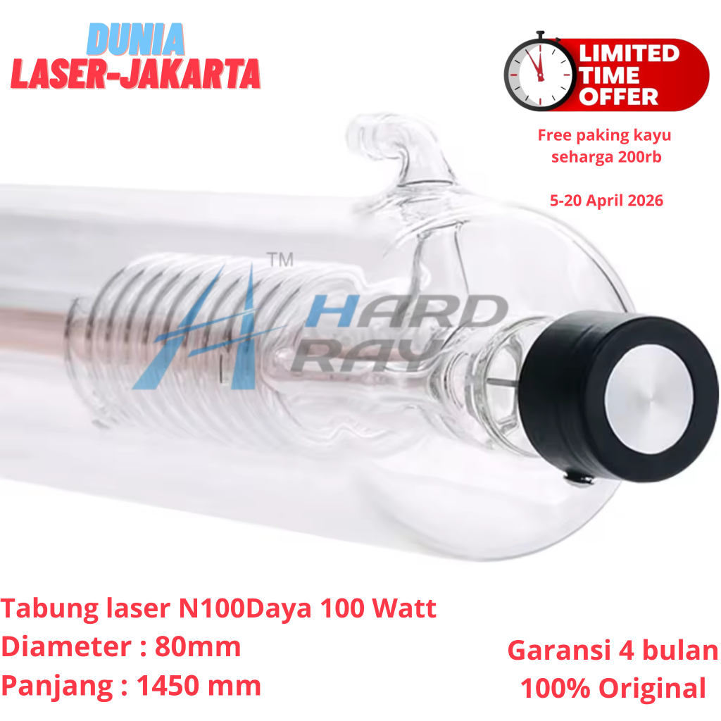Tabung Laser CO2 N100 DAYA 100 WATT ORIGINAL Hardray | Untuk Cutting Akrilik Kayu MDF | Garansi 4 Bu