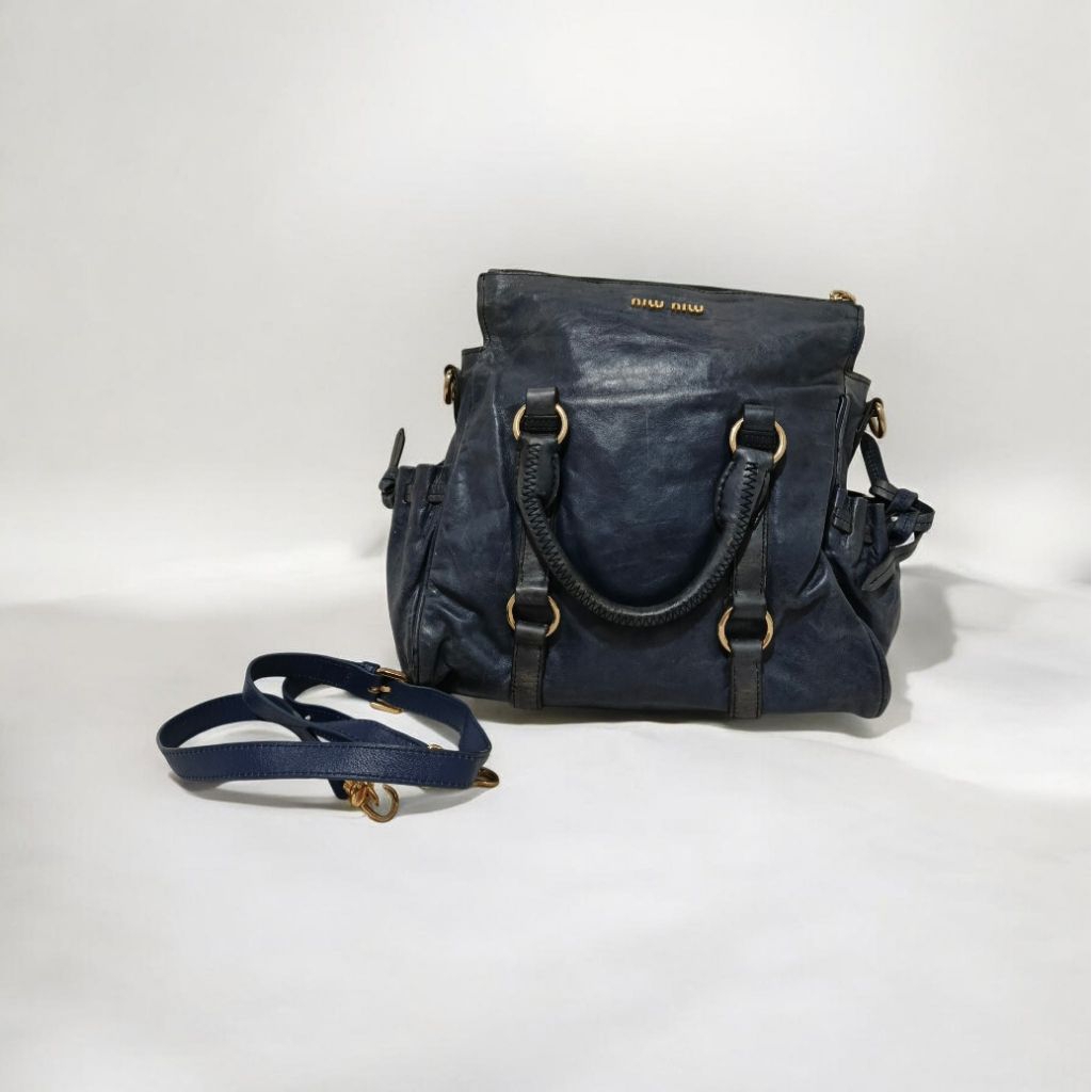 Miu Miu Vitello Lux Navy Bow Satchel Bag Original