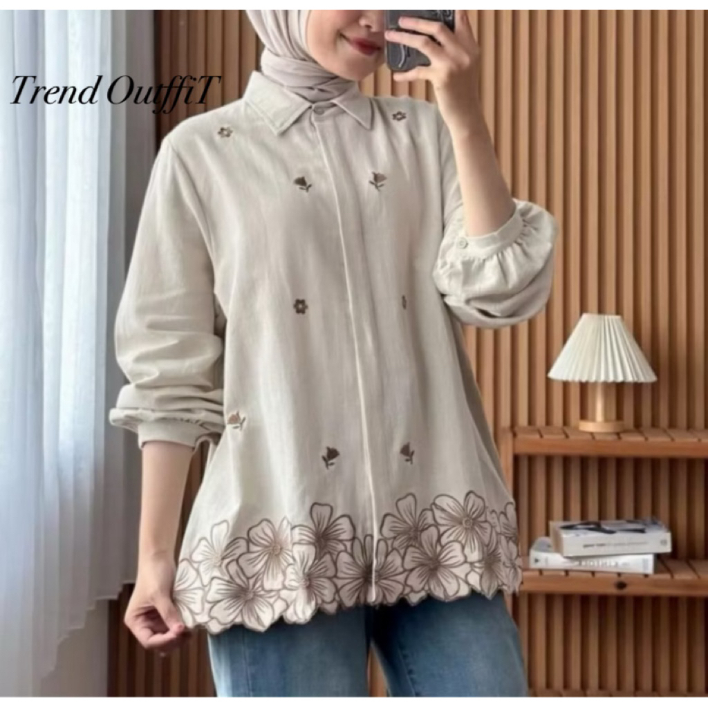 Blus Kemeja Wanita Bordir Bahan Linen Rami Model Vania