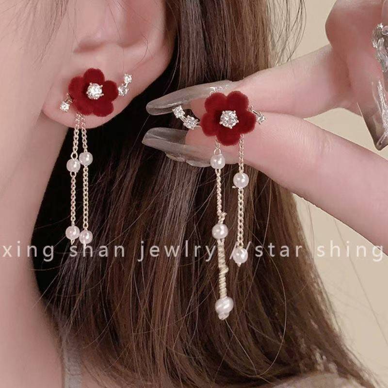 Anting Pita Merah Mutiara Panjang Anting Wanita Korea Aesthetic Ribbon Earrings El