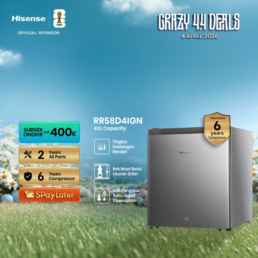 Hisense Kulkas RR58D4IGN Refrigerator Mini Bar Kapasitas 42L Warna Silver Tingkat Kebisingan Rendah 